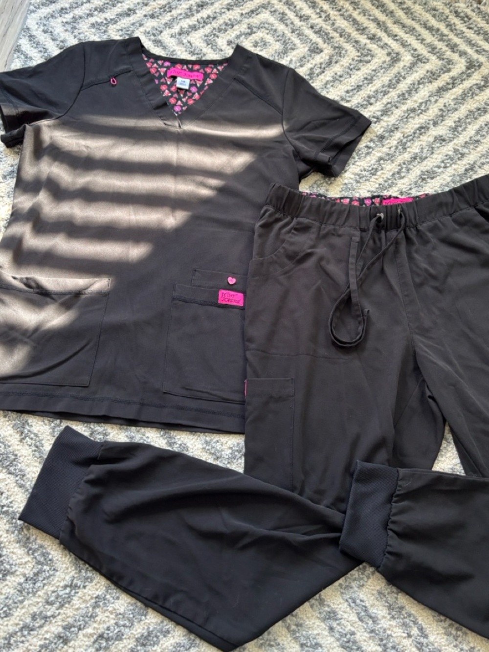Betsey Johnson Black Scrub Set with Pink Accents, Jogger Tie Pants